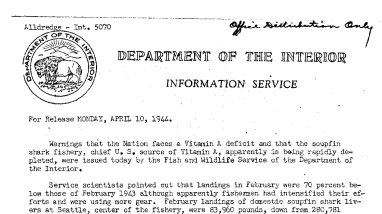 Soupfin Shark Fishery Rapidly Depleting April 10, 1944