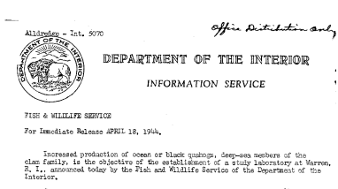 Laboratory Established at Warren, R.I., for the Study of Increased Production of Ocean or Black April 18, 1944