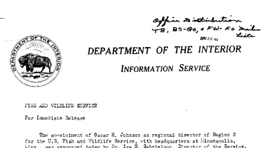Oscar H. Johnson Appointed Regional Director of Region 3 for FWS Effective May 1 April 22, 1944