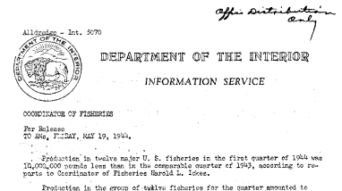 Production in Twelve Major U.S. Fisheries in the First Quarter of 1944 Was 10,000,000 Pounds Less Than in the Comparable Quarter of 1943