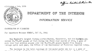 New England's Largest Fishing Ports Boston, Gloucester, and New Bedford Show Gain in Total Landings During the First Quarter of 1944 May 21, 1944