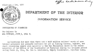 Applications for More Than Three and A Half Million Dollars' Worth of Controlled Materials and Products Destined for Use in Fishing Vessels, Engines, and Shore Processing Plants Approved by Wpb June 6, 1944