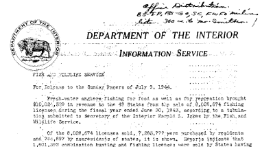 Fishing License Sales During 1942-43 Season July 9, 1944