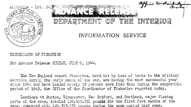 Landings of Fish at Boston, Gloucester, New Bedford and Portland for the First Five Months of the Year July 9, 1944