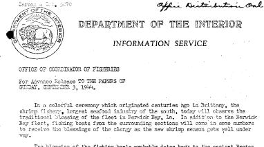 Shimp Fishery, Largest Seafood Industry of the South Will Observe the Traditional Blessing of the Fleet in Berwick Bay, La September 3, 1944
