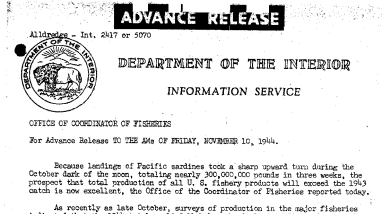 Landings of 300,000,000lbs. of Pacific Sardines in October Brought Prospect That Total Production if U.S. Fishery Products Will Exceed 1943 Catch November 10,1944