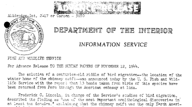 Peru Location of Winter Home of Chimney Swift Proved by 13 Bands Taken From Birds There --November 12, 1944