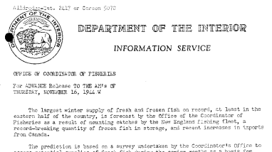 Largest Winter Supply of Fresh and Frozen Fish on Record in Eastern Half of the Country Is Forecast by Ocf November 16, 1944