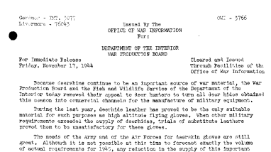 War Production Board and FWS Renewed Appeal to Deer Hunters to Turn in All Deer Hides Obtained This Season Because They Are an Important Source of War Material November 17, 1944