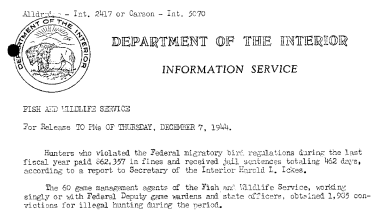 $62,357 in Fines Paid by Hunters Who Violated Federal Migratory Bird Regulations During Last Fiscal Year December 7, 1944