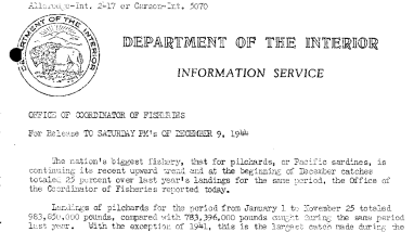 Pacific Sardine Fishery Is Continuing Its Upward Trend and at Beginning of December Catches Totaled 25 Precent Over Last Year's Landings for Same Period December 9, 1944