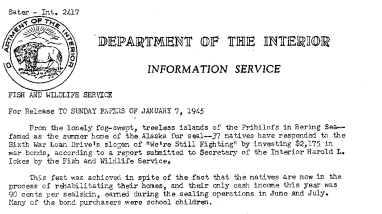 37 Natives of the Pribilof Islands of Alaska Invested $2,175 in War Bonds January 7, 1945