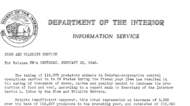 Predatory-Animal Take for Fiscal Year 1944 February 22, 1945