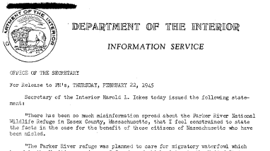 Pertinent Facts on Parker River National Wildlife Refuge in Essex County, Massachusetts February 22, 1945