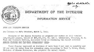 "Alaska Fishery and Fur-Seal Industries: 1943", S.D. 10, Released Today March 1, 1945