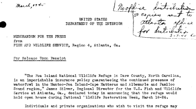 The Pea Island National Wildlife Refuge to Hold Open Open House During National Wildlife Restoration Week, March 18-24 March 7, 1945