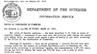 The Pacific Sardine Catch for the Season Just Ended March 23, 1945