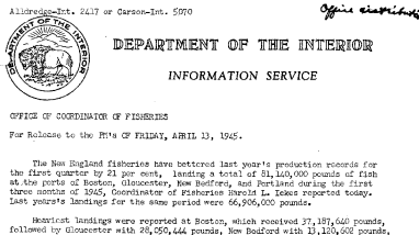 Landings at the New England Fisheries for the First Quarter of the Year April 13, 1945