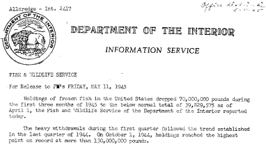 Frozen Fish Holdings for the First Quarter of 1945 May 11, 1945