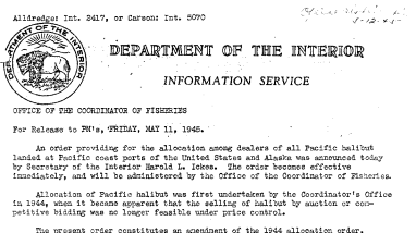 Allocation Order of Pacific Malibut Landed at Pacific Coast Ports of the U.S. and Alaska May 11, 1945