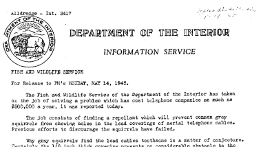 Experiments With Repellants to Prevent Common Gray Squirrels From Chewing Aerial Telephone Cables May 14, 1945