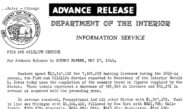 Hunting License Sales for 1943-44 Season May 27, 1945