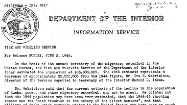 Annual Inventory of the Migratory Waterfowl in the United States June 3, 1945