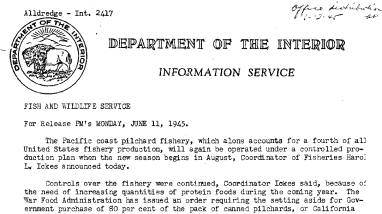 Pacific Coast Pilchard Fishery to Continue Operating Under the Controlled Production Plan June 11. 1944