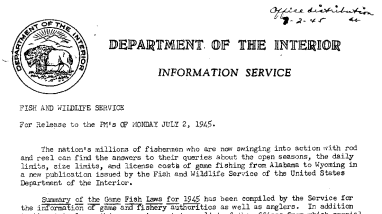 "Summary of the Game Fish Laws for 1945" Issued by the FWS July 2, 1945