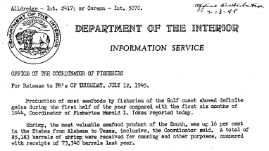 Production of Seafoods by Fisheries of the Gulf Coast for the First Half of the Year July 12, 1945