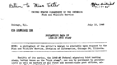 Philatelic Data on the 1945-46 Duck Stamp July 12, 1945