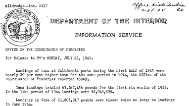 Tuna Landings at California During the First Half of 1945 July 23, 1945