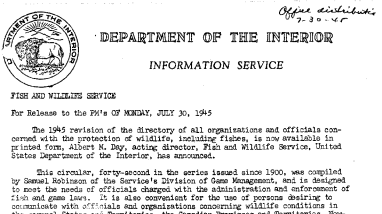 "Organizations and Officals Concerns With Wildlife Protection: 1945", Circular 9, Available at Gpo July 30, 1945
