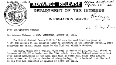 Fur-Seal Take for This Year August 15, 1945