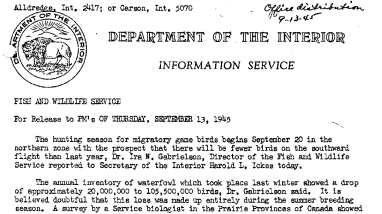 Hunting and the Migratory Waterfowl Situation September 13, 1945