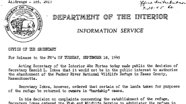 Decision of Secretary Ickes That It Would Not Be in the Public Interest to Authorize the Abandonment of the Parker River National Wildlife Refuge in Essex Count, Mass. September 18, 1945