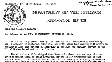 Tests on Air Transportation of Seafoods Under Way (No Office Supply Received) October 10, 1945