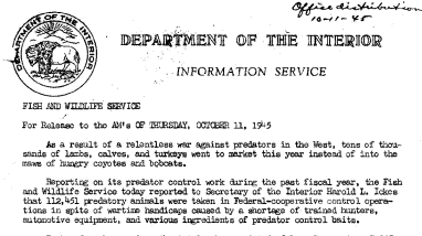 Predatory Animal Take for Fiscal Year October 11, 1945