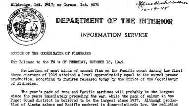 Production of Canned Fish on the Pacific Coast During the First Three Quarters of 1945 --October 18, 1945