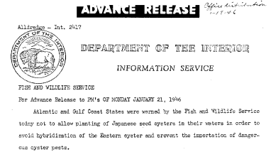Warning Made by FWS in Planting Japanese Seed Oysters in the Waters of Atlantic and Gulf Coast States January 21, 1946