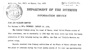 Lobster Catch Along the Coast of Maine for 1945 January 24, 1946