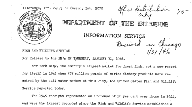 1945 Receipts of Marine Fishery Products in New York City January 31, 1946