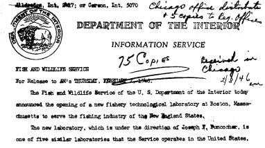 New Fishery Technological Laboratory Opened at Boston, Mass., Under Direction of Joseph F. Puncochar February 7, 1946