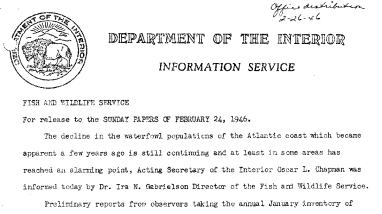 Drastic Decreases Noted in Migratory Waterfowl February 24, 1946