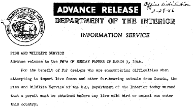Necessity of Permits for Importation of Wild Birds and Animal March 3, 1946