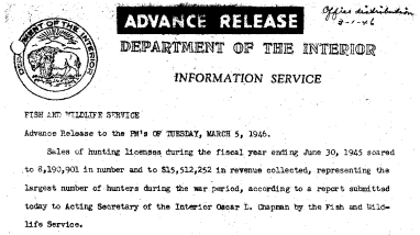Hunting License Sales for 1944-45 Season March 5, 1946