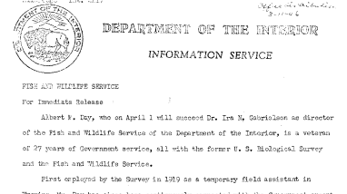 Albert M. Day to Succeed Dr. Gabrielson as Director of FWS March 8, 1946