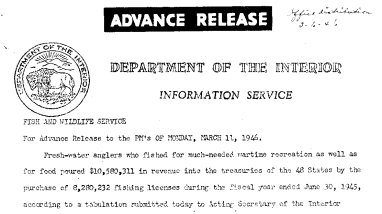 Angling License Sales for 1944-45 Season March 11, 1946