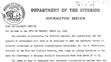 Observance of National Wildlife Restoration Week From March 17 to 23 March 19, 1946