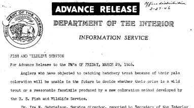 New Coloration Method for Hatchery Trouts Developed by FWS March 29, 1946